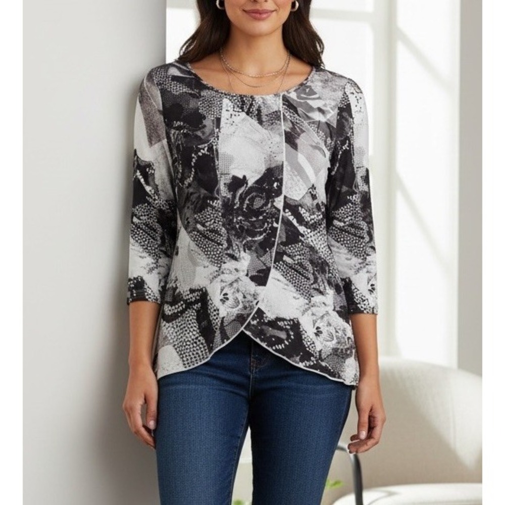 One World Women's S Black Gray White Abstract Sheer Panel Asymmetrical Tunic